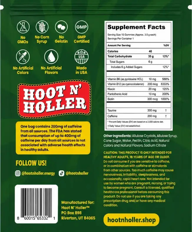 Granny's Revenge supplement facts: 200mg caffeine and 15 gummies per bag