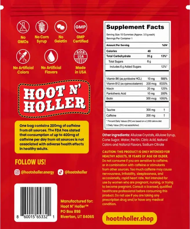 Painapple supplement facts: 200mg caffeine and 15 gummies per bag