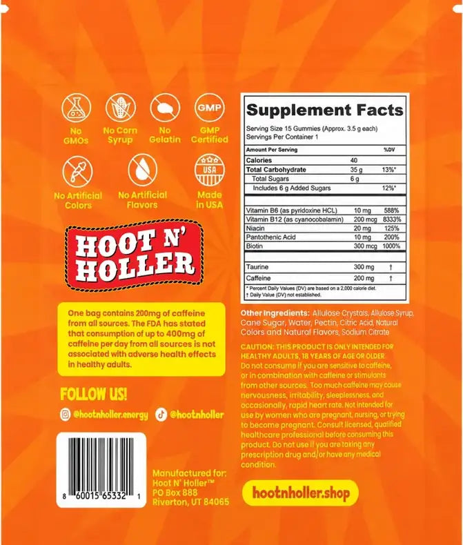 Pulp Friction supplement facts: 200mg caffeine and 15 gummies per bag
