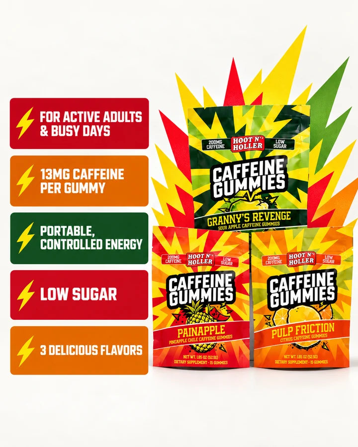 Hoot N' Holler 3-pack: for active adults and busy days, 13mg caffeine per gummy, portable controlled energy, low sugar, three delicious flavors