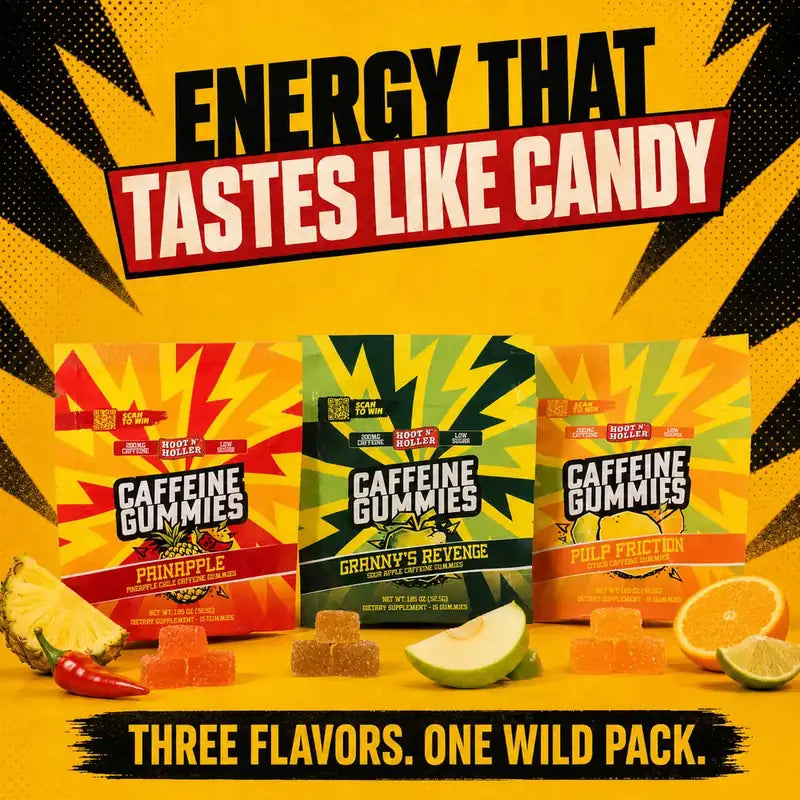 Painapple, Granny's Revenge and Pulp Friction bags with gummies and fresh fruit